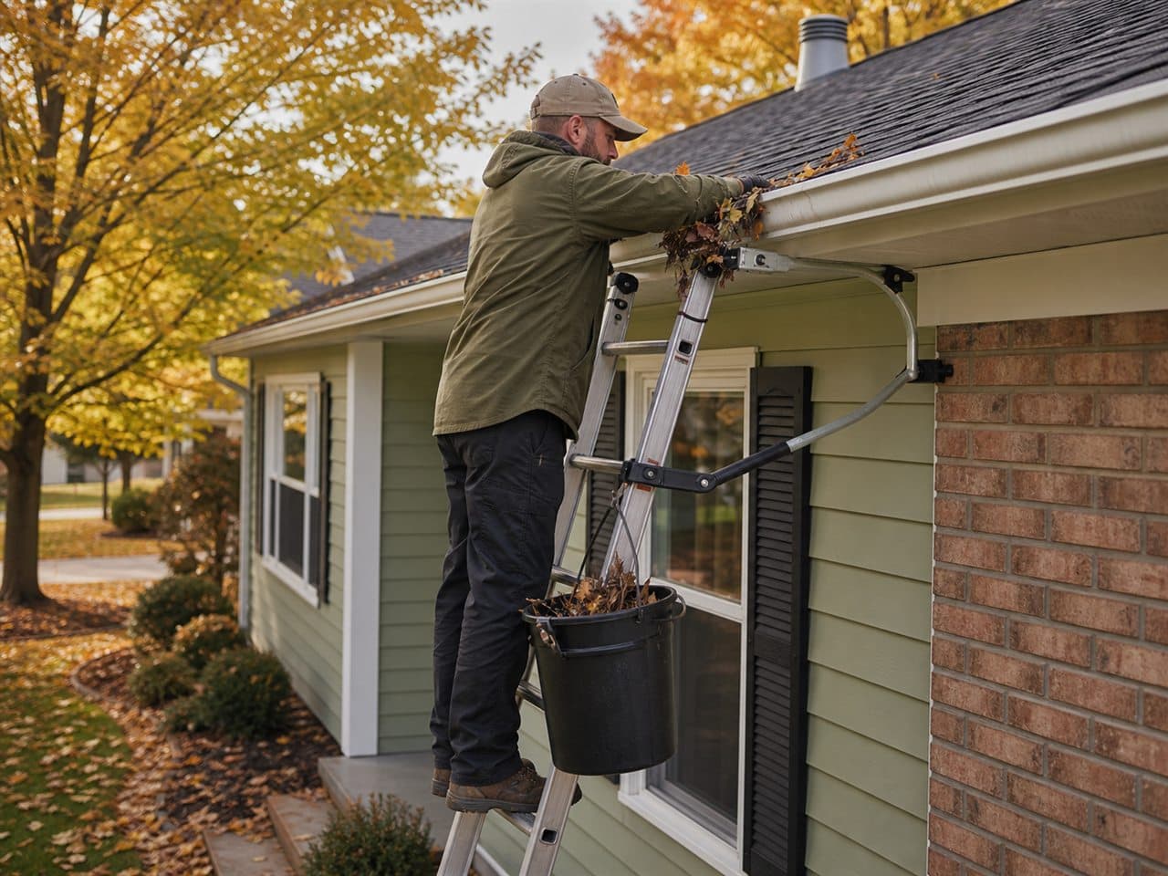 Technician clearing leaves from a residential gutter in Erie, PA