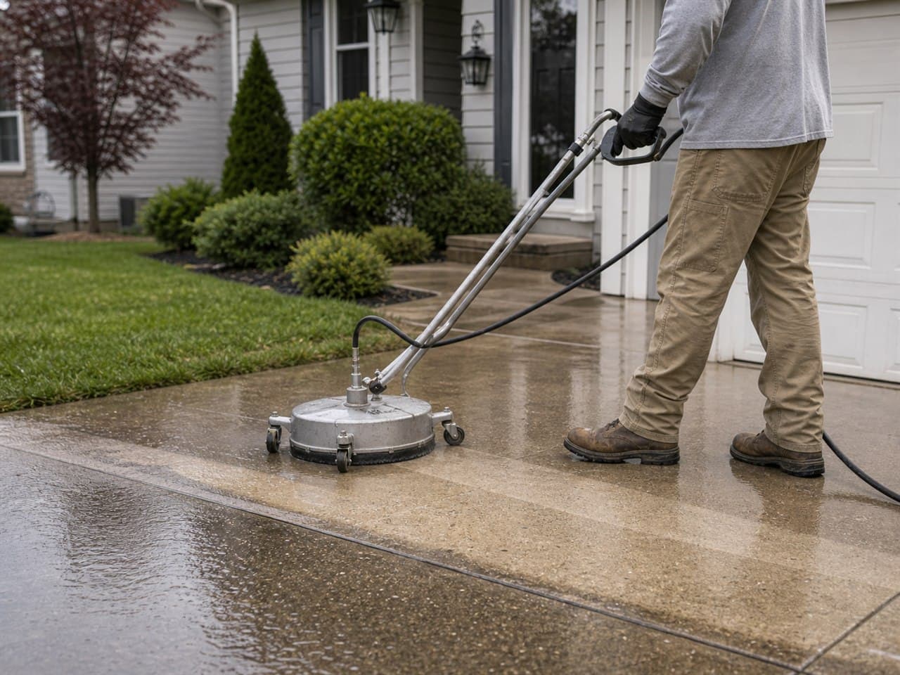 Concrete driveway being pressure washed in Erie, PA